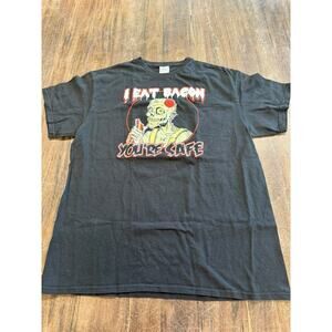 "I Eat Bacon" Skeleton T-Shirt SZ L Full Front Graphics Grunge‎ Goth Halloween